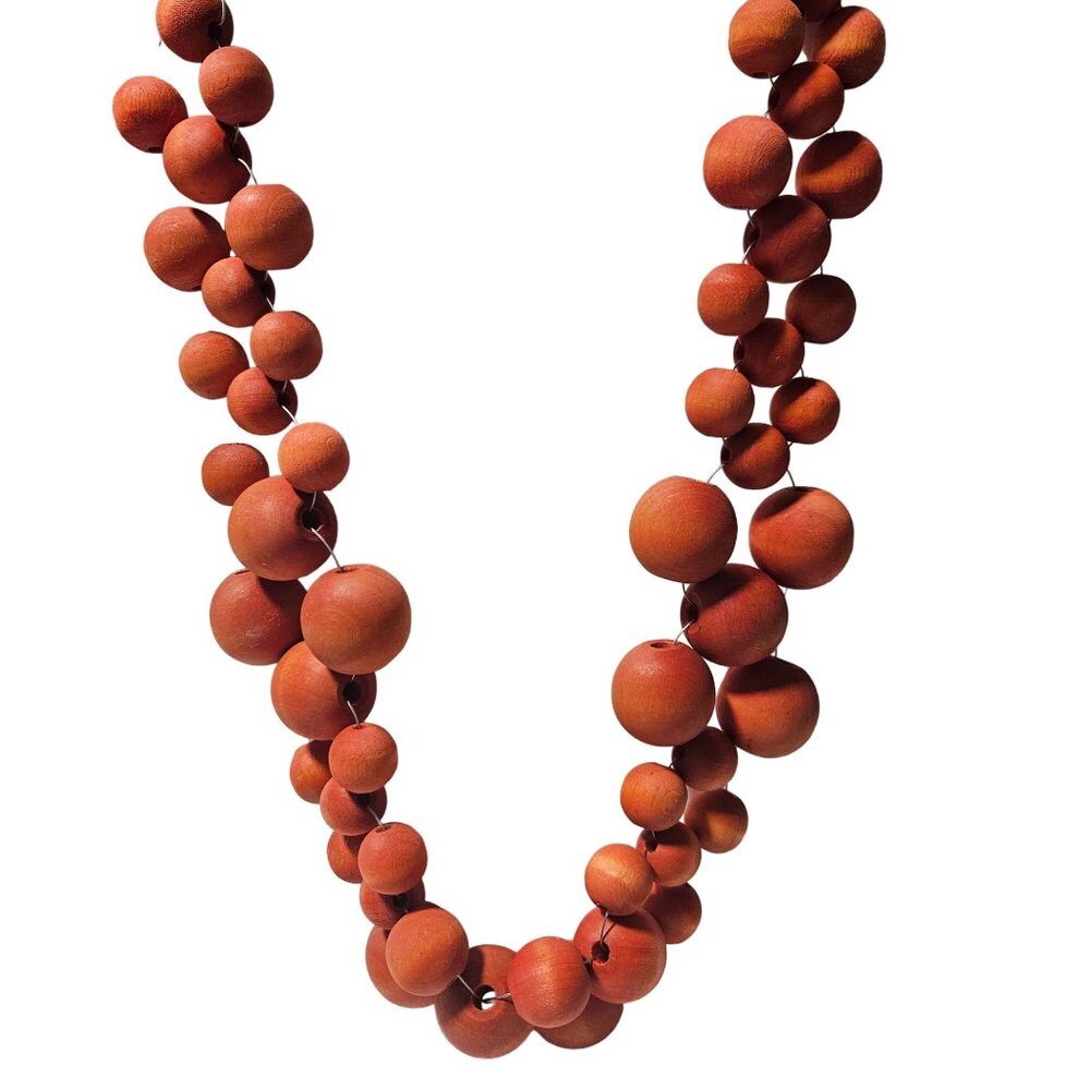 Vintage Double Strand Orange Wooden Bead Necklace Retro 60s 70s Fashion Jewelry